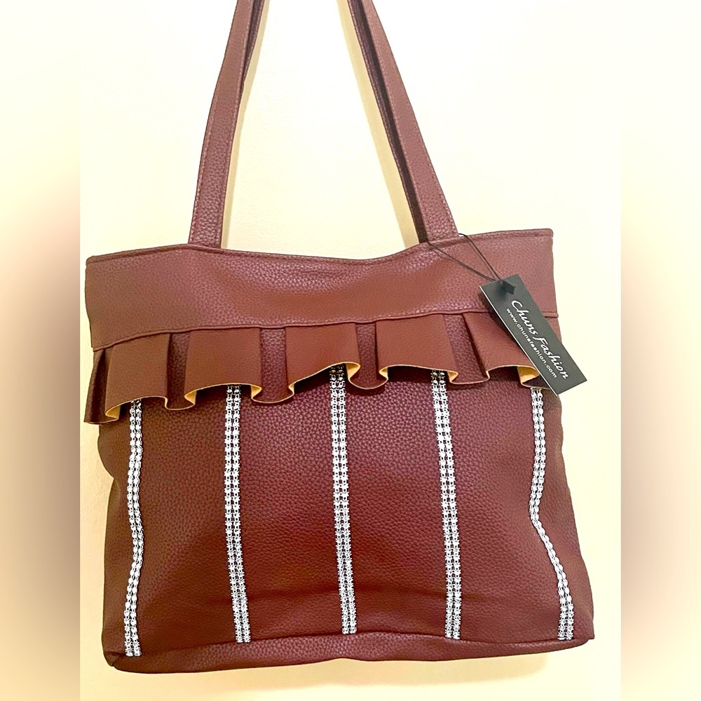 Women’s One Size Fits All Shoulder  Tote Brown Bag With Rhinestone Strip.